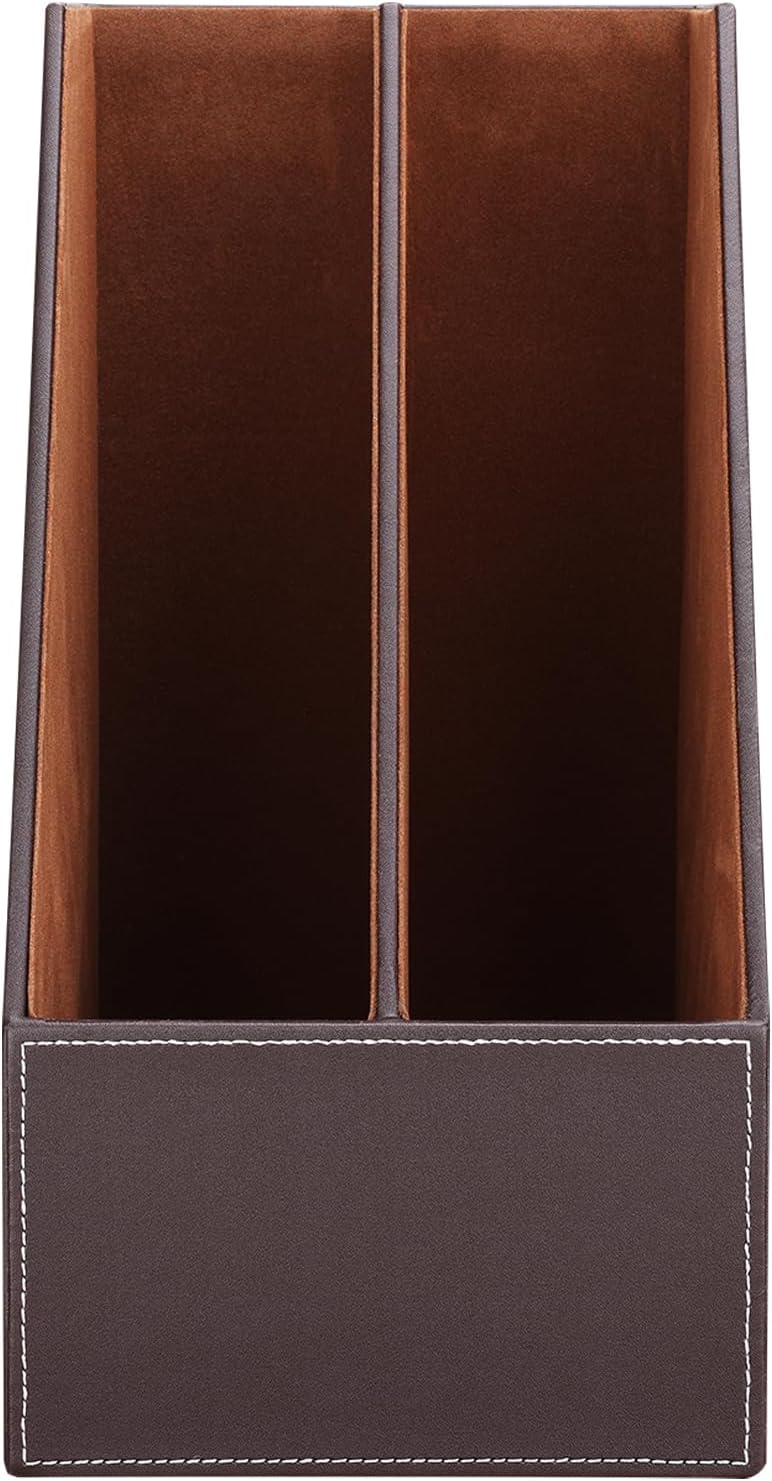 Wooden Leatherette Desktop File Folder Organizer and Document File Stand Journals Magazine Rack 2 Slots (brown)
