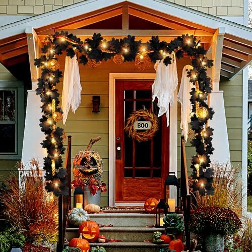 2 Pcs Black Leaf Garland with Yellow Lights, 11.8FT