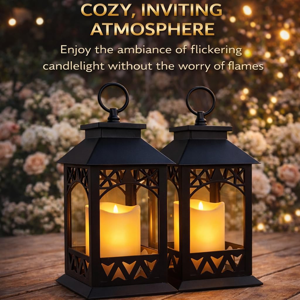 Black LED Lantern Set of 2 with Lattice Design & Pillar Candles – Lighted Decorative Lanterns with 4 Hour Timer –