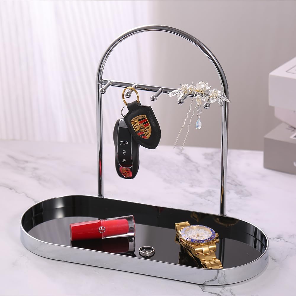 Metal Jewelry Organizer Stand & Key Holder Tray / Silver Black