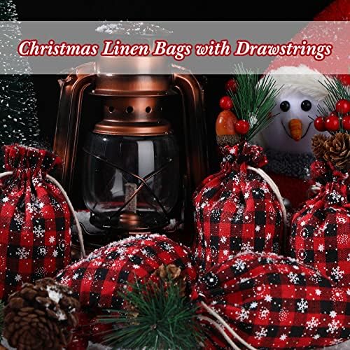 Shappy 24 Pcs Christmas Drawstring Gift Bags Xmas Buffalo Plaid Burlap Advent Bags 7 x 5 Inches Linen Treat Candy Bag with 32.8 ft Rope 24 Card(Black Red Snowflake)