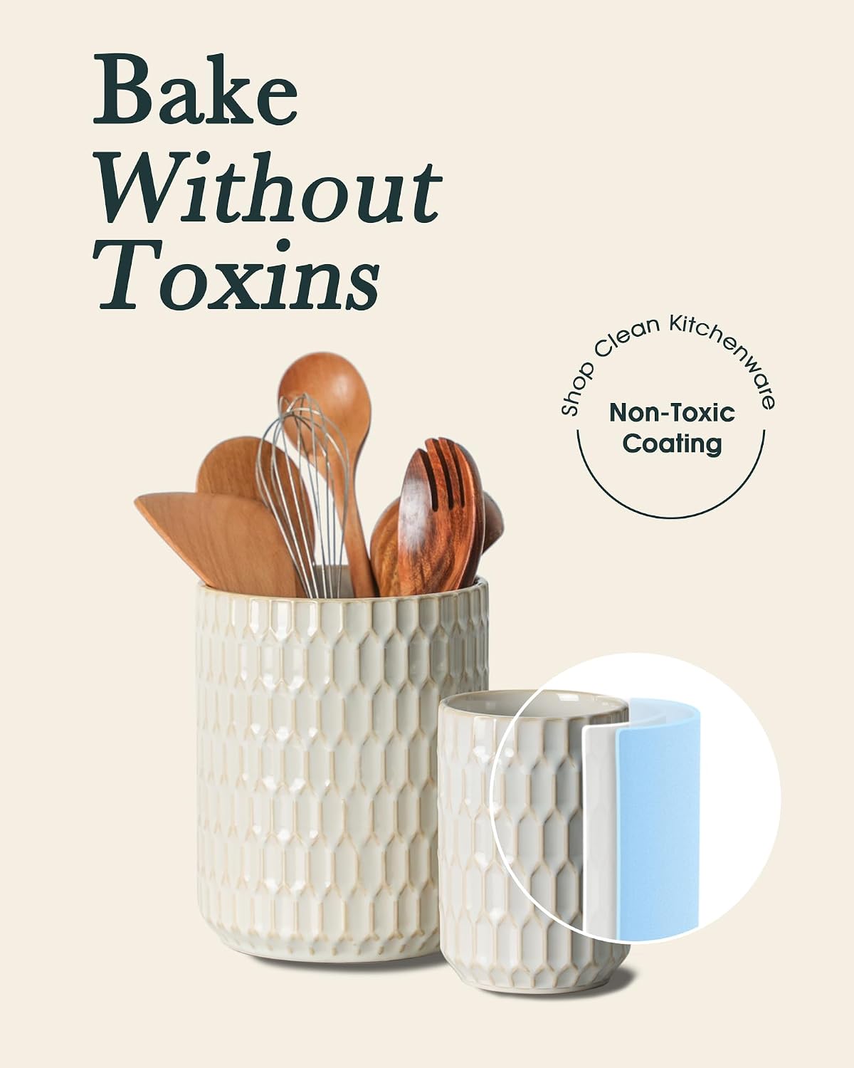 Utensil Holder Set of 2, Large & Small Ceramic Crocks for Kitchen | Countertop, Farmhouse Kitchen Decor, Thick Durable