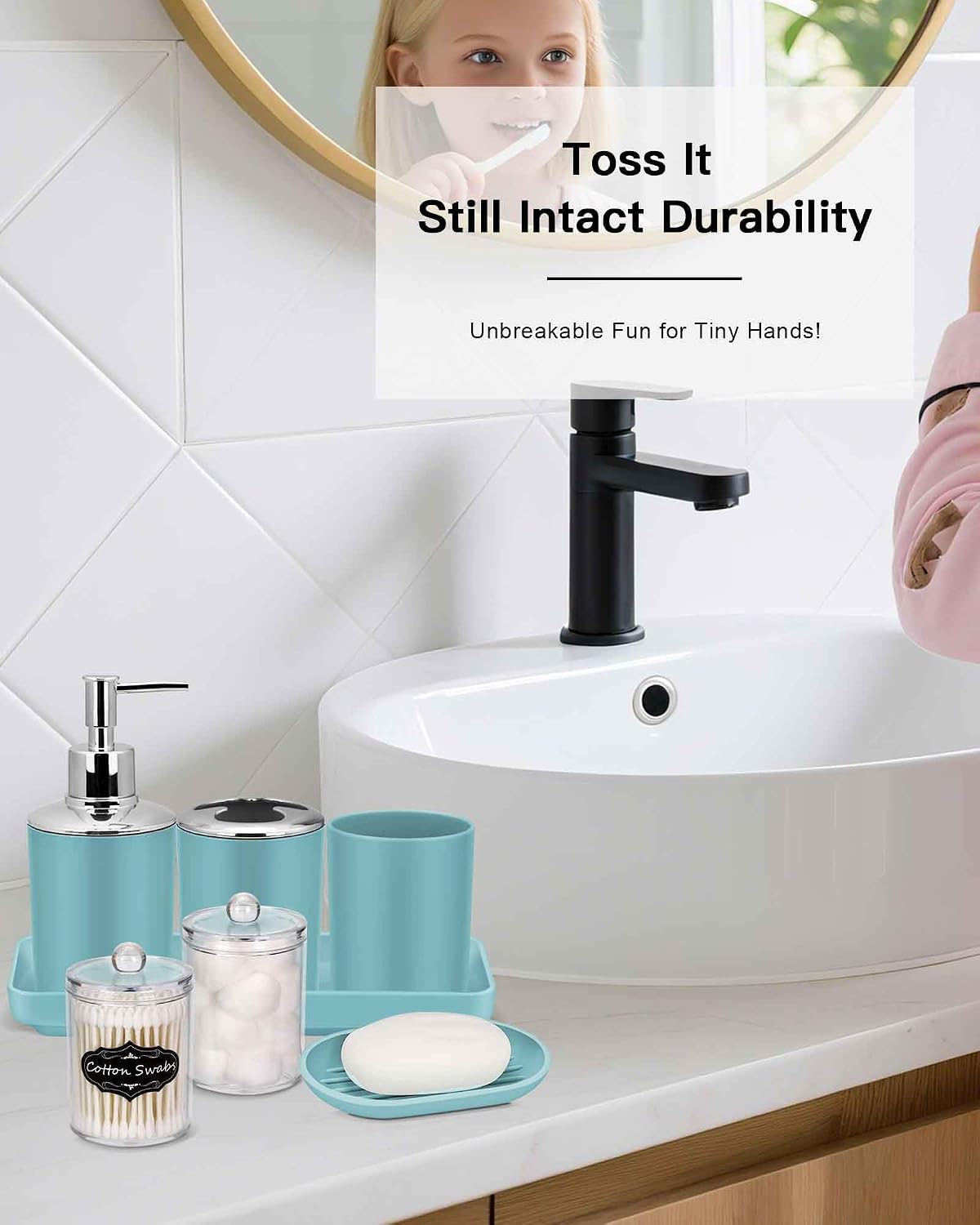IMAVO Blue Bathroom Accessories,Non Slip Absorbent Bathroom Rugs and Waterproof Shower Curtain with Hooks,Complete