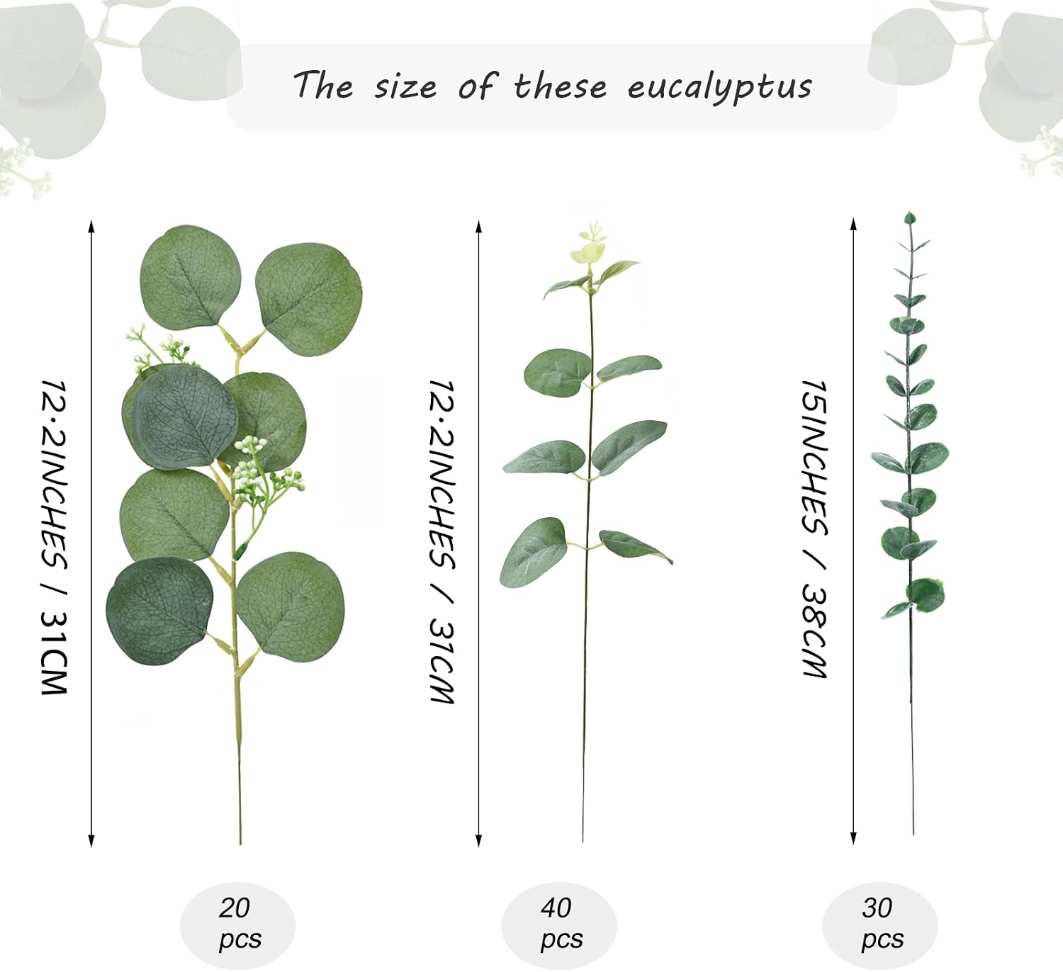 3 Kinds Mixed Eucalyptus Stems Bulk Artificial Eucalyptus Leaves Sprays Faux / Green / 1 / Set of 90