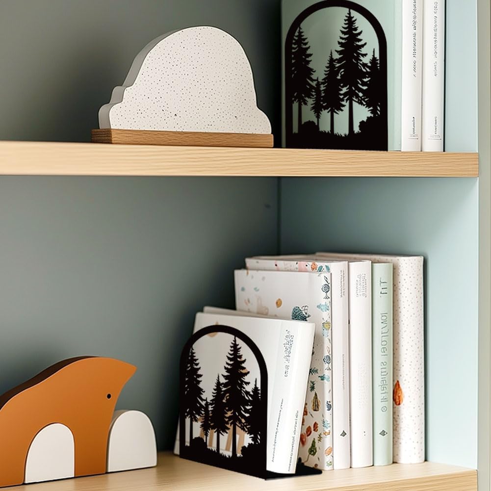 Pine Tree Metal Bookends for Desk / Forest / Black