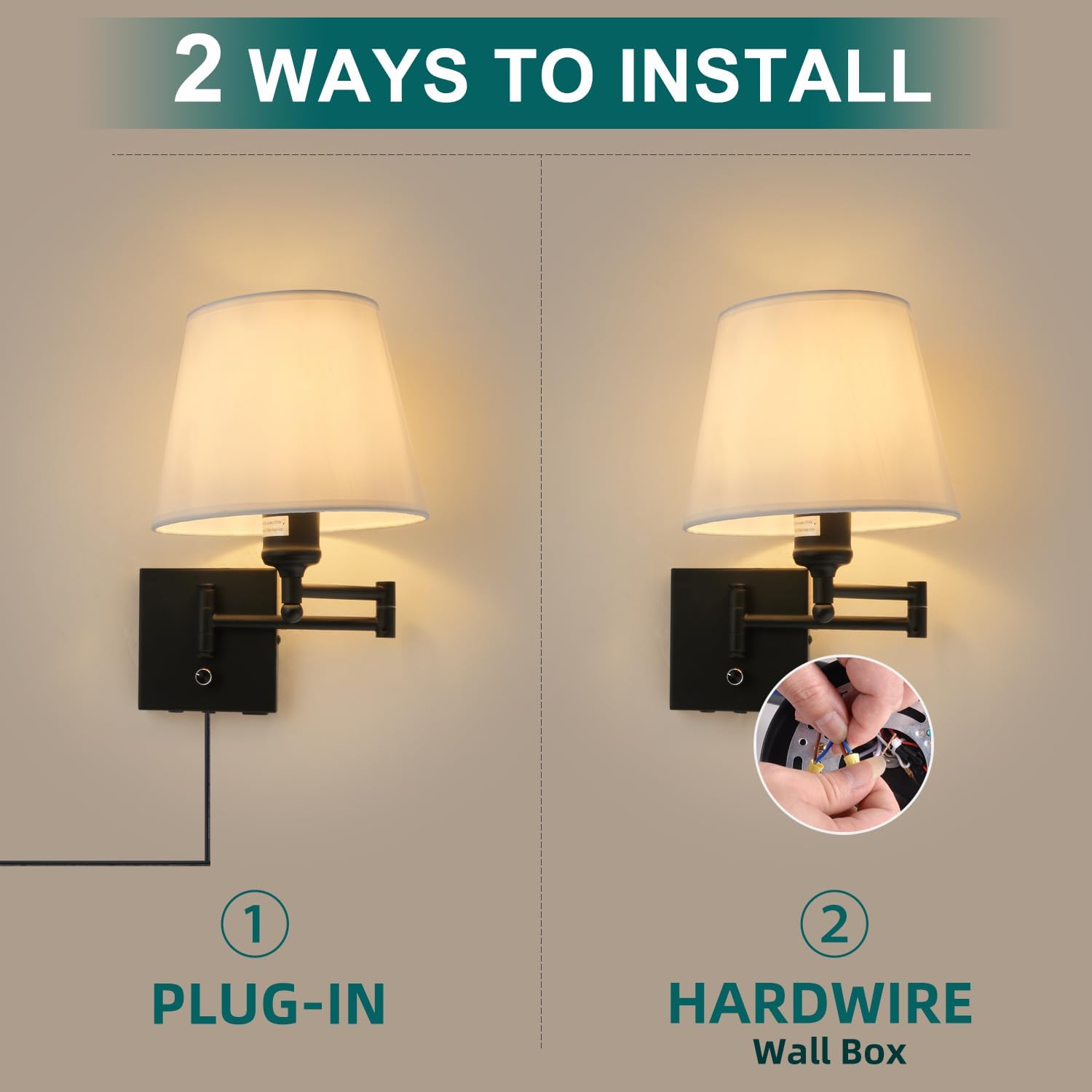 Bedside Wall Mount Light with Dimmable Switch and USB C+A Charging Port, Swing Arm Fabric Shade Wall Sconce Light with