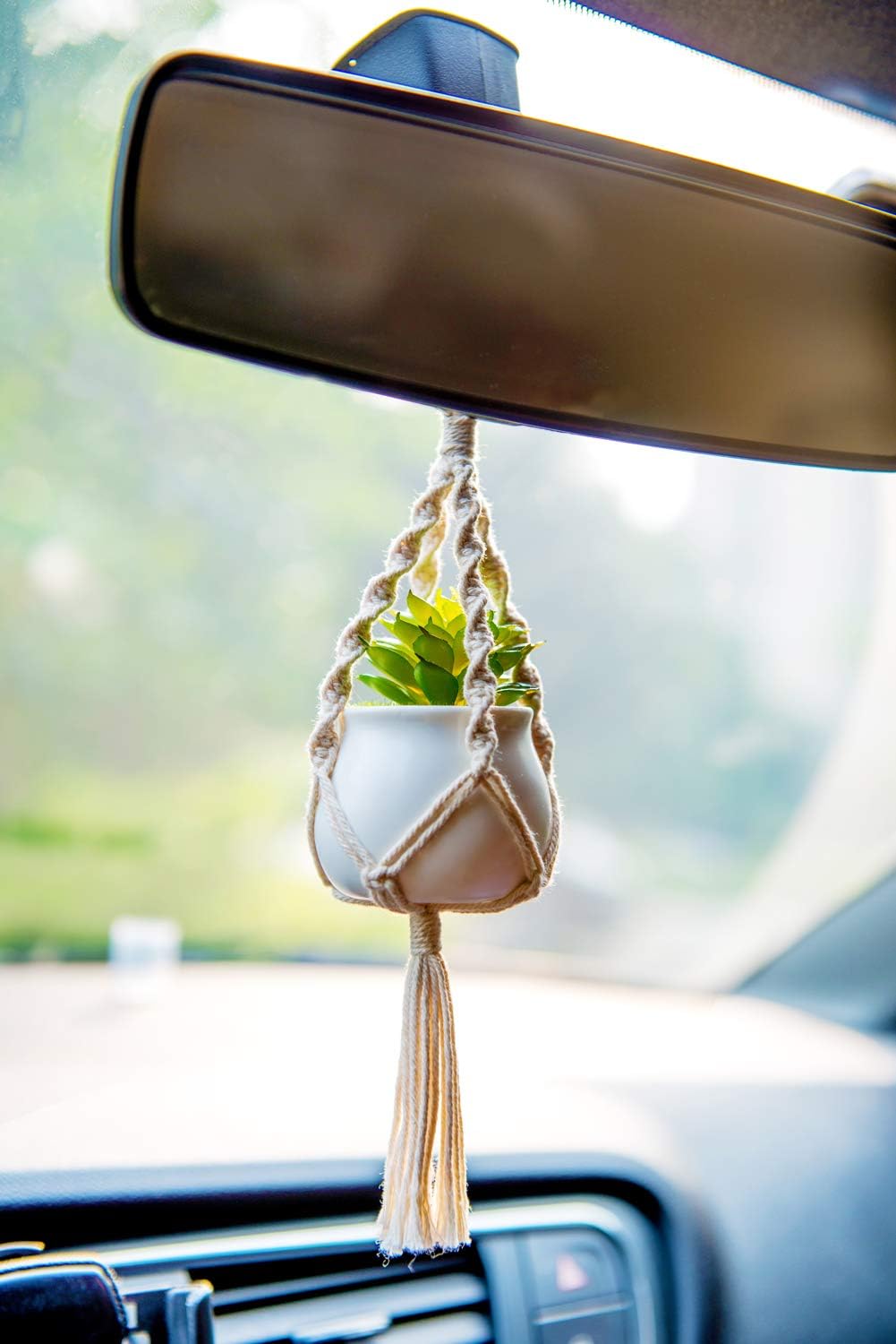 Mini Macrame Plant Car Accessories Rear View Mirrior Charm Hanging Rearview Car Decor Boho Small