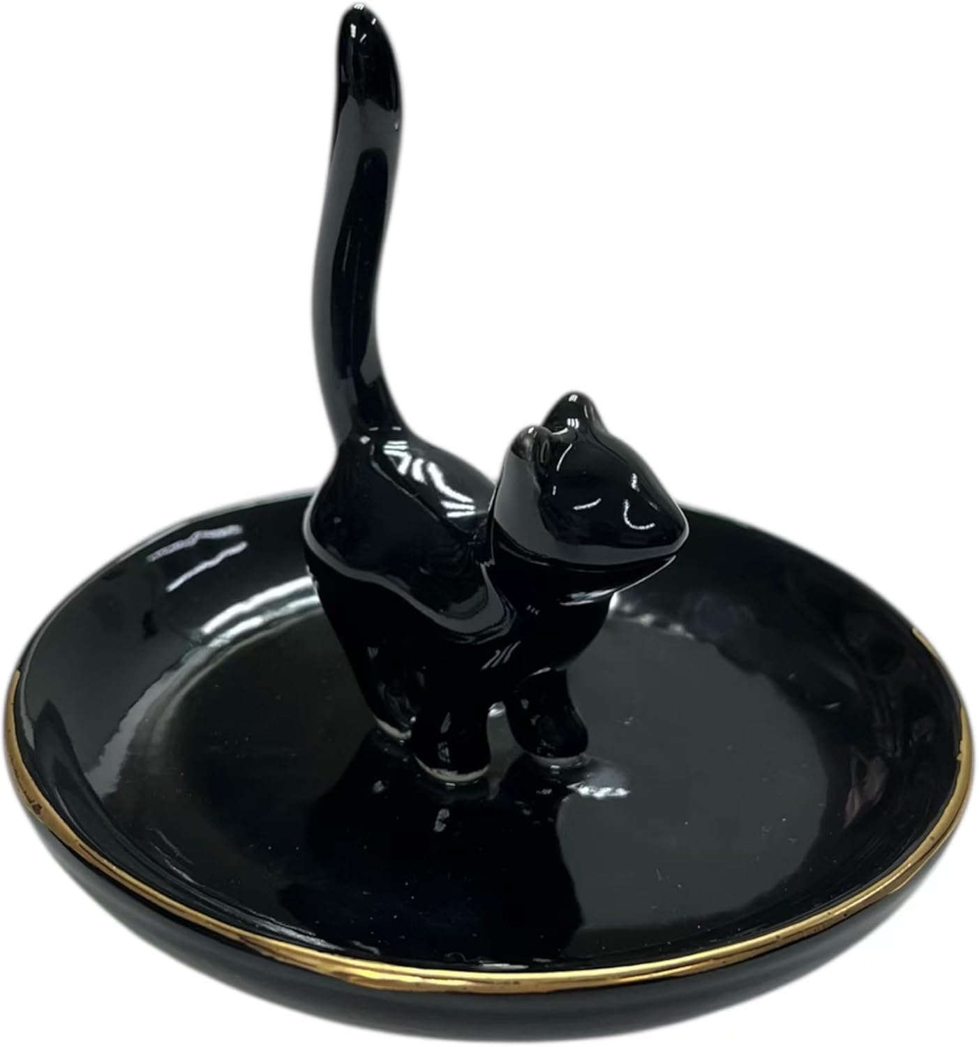 Cat Ring Holder Trinket Tray Ceramic Jewelry Dish Porcelain Ring Organizer-Gift / Black