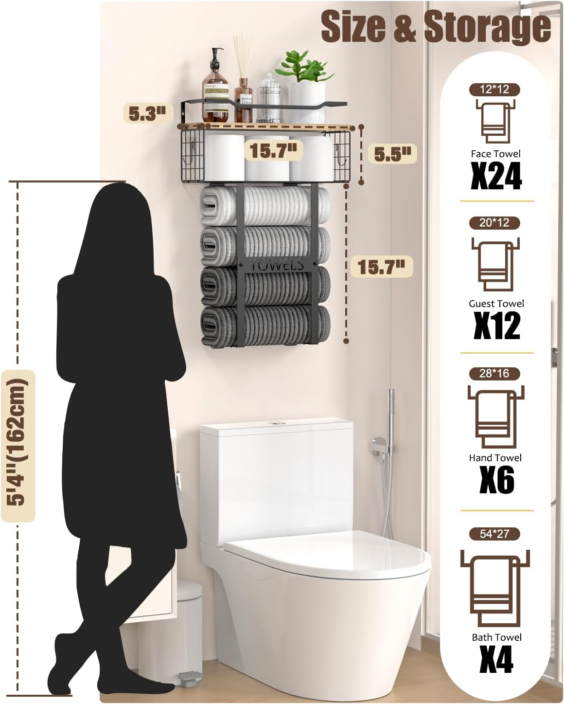Towel Racks for Bathroom Wall Mounted - Bath Wall Towel Holder Set Above Toilet Storage, Rolled Towel Shelf Organizer