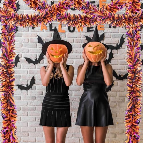 33FT Halloween Tinsel Garland, Black Purple Orange Metallic Twist Foil Tinsel Garland Shiny Hanging Decorations for Halloween Party Decoration Supply
