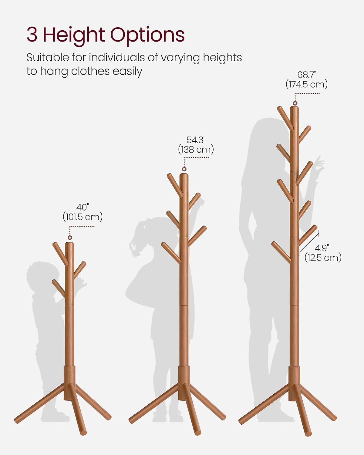 VASAGLE Solid Wood Coat Rack, Free Standing Tree-Shaped Coat Rack with 8 Hooks, 3 Height Options, for Clothes, Hats