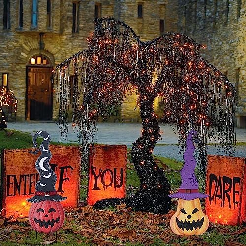 YEAHOME Halloween Decorations Outdoor, Set of 2 Pumpkin Garden Stakes with Witch Hats for Halloween Decor, Jack o' Lantern Metal Pumpkin Yard Signs for Outside Garden Lawn Patio Party Decorations