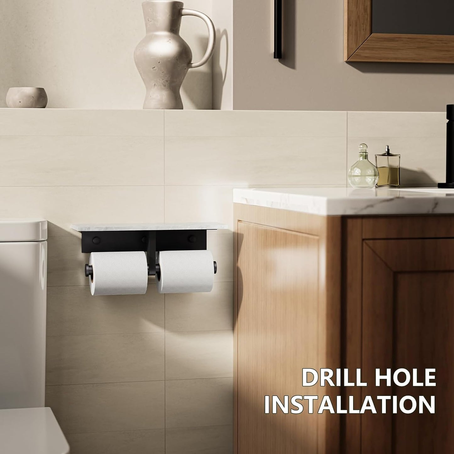 Marble Toilet Paper Holder with Shelf Doulble Bathroom Tissue Roll Holder | Matte Black 304 Stainless Steel Toilet