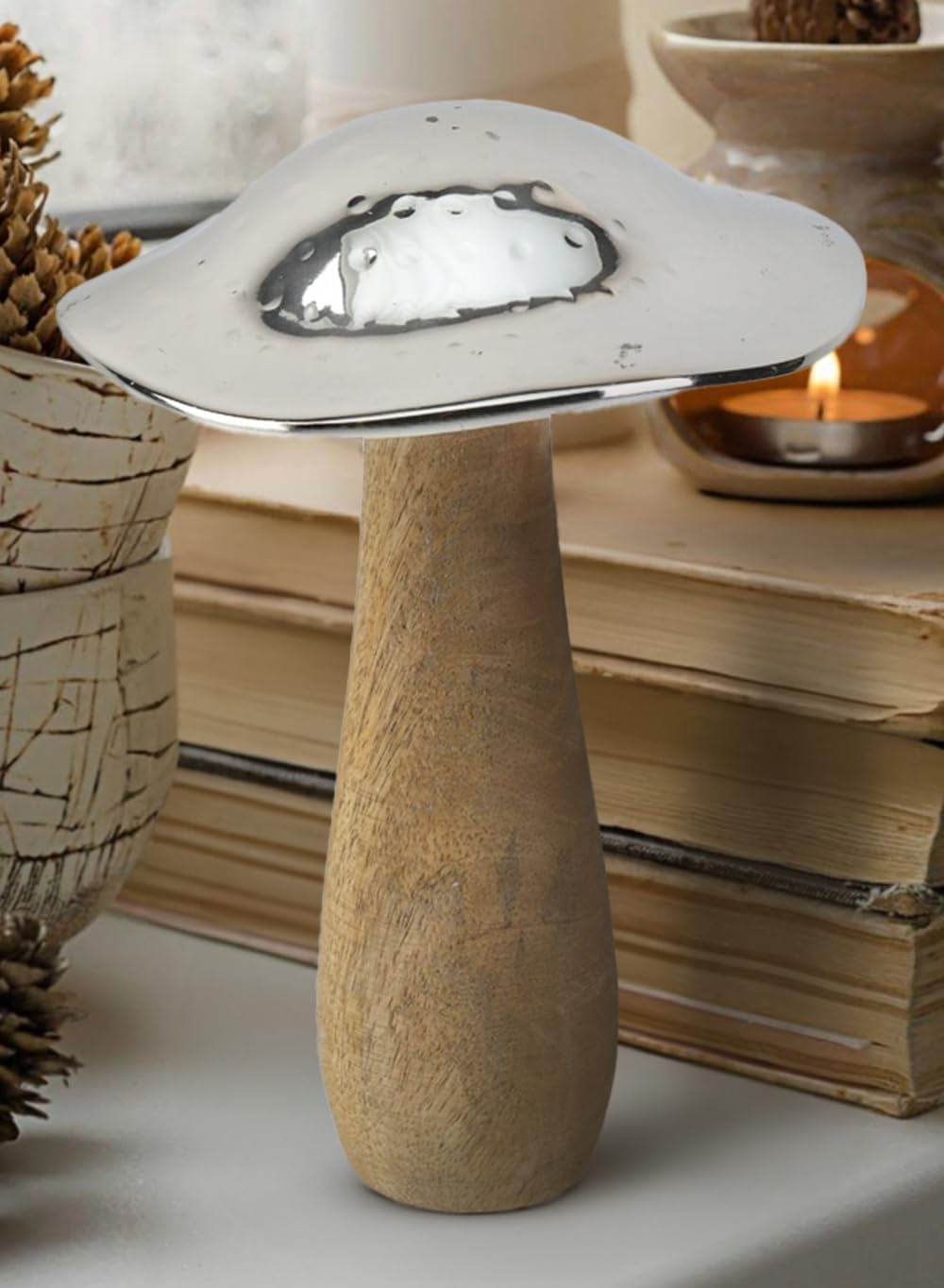 8- Wood and Hammered Metal Mushroom Sculpture Decor / Large - Single / Silver