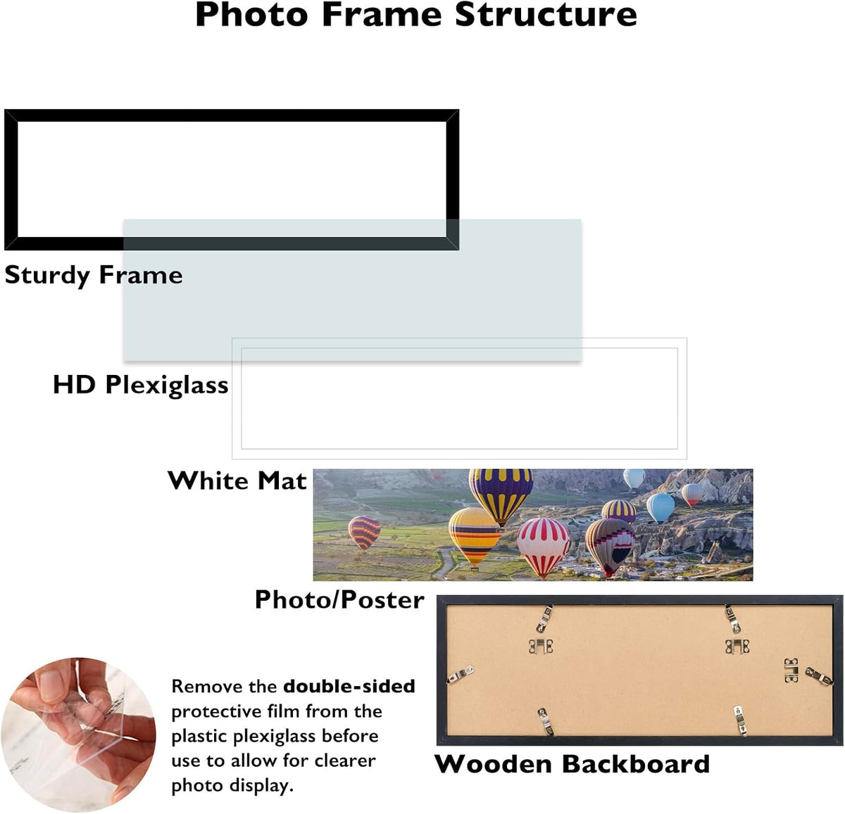 JCJMY 8x24 Picture Frame Set of 4 with 6x22 Mat, Panoramic Picture Frame Display Photo 6x22 with Mat or 8 x 24 Without