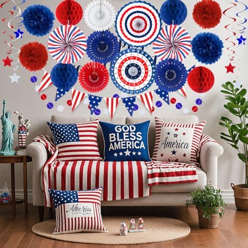 24 Pcs Patriotic 4th of July Decorations Kit, Paper Fans Pom Poms 8-16 in