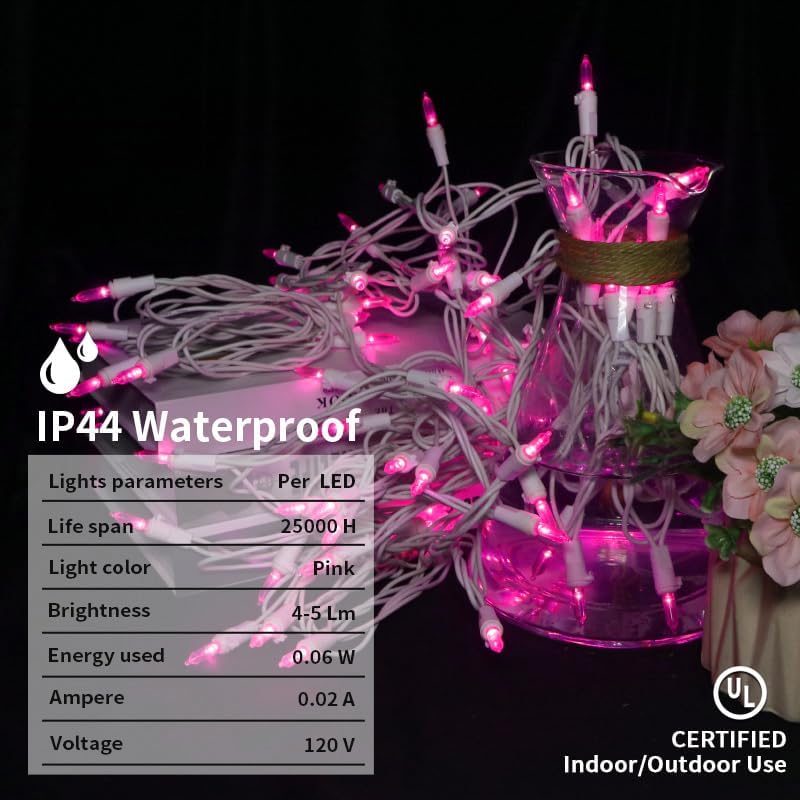 Pink Christmas LED Lights - 2 Pack 100 Count Pink Christmas String Lights for Tree, Bedroom, Wedding, Indoor/Outdoor Valentines Day Decorations, 2 Sets 33 Feet White Wire, UL Certified, Connectable