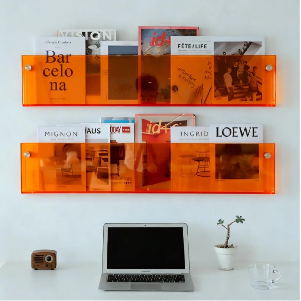 ROYALITA 2-Pack Acrylic Magazine Holder Brochure Holder, Orange 36 Inch | Record Magazine Rack, Fashion Floating