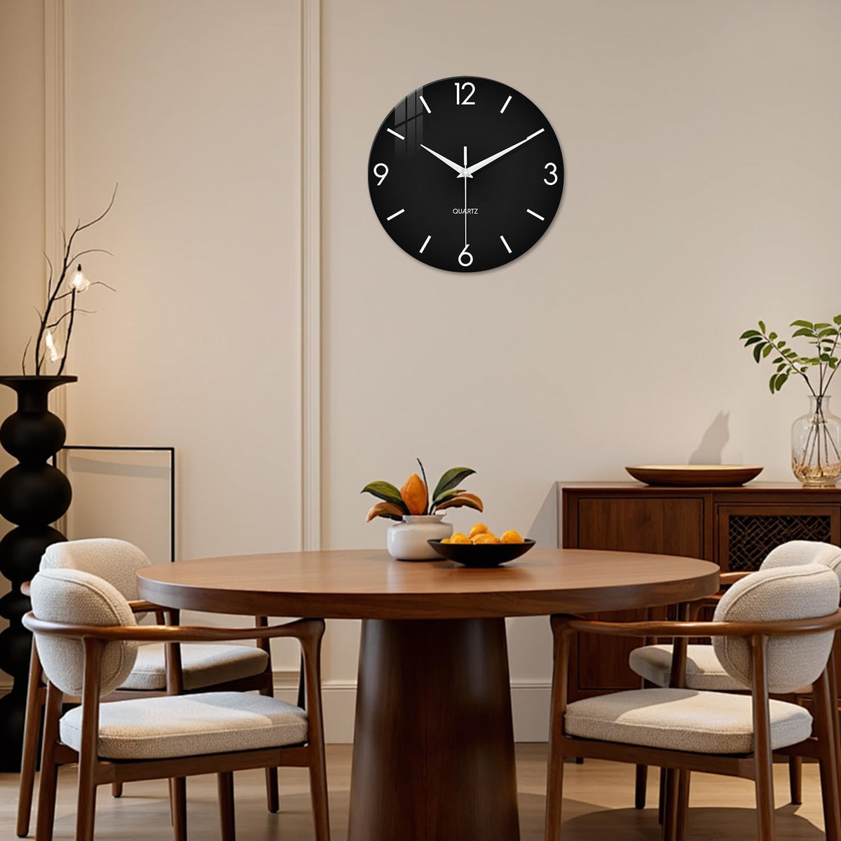 XFM Black Simple Glass Wall Clock 16 Inch Modern Minimalist | Silent Non-Ticking Battery Operated Big Size Round Analog