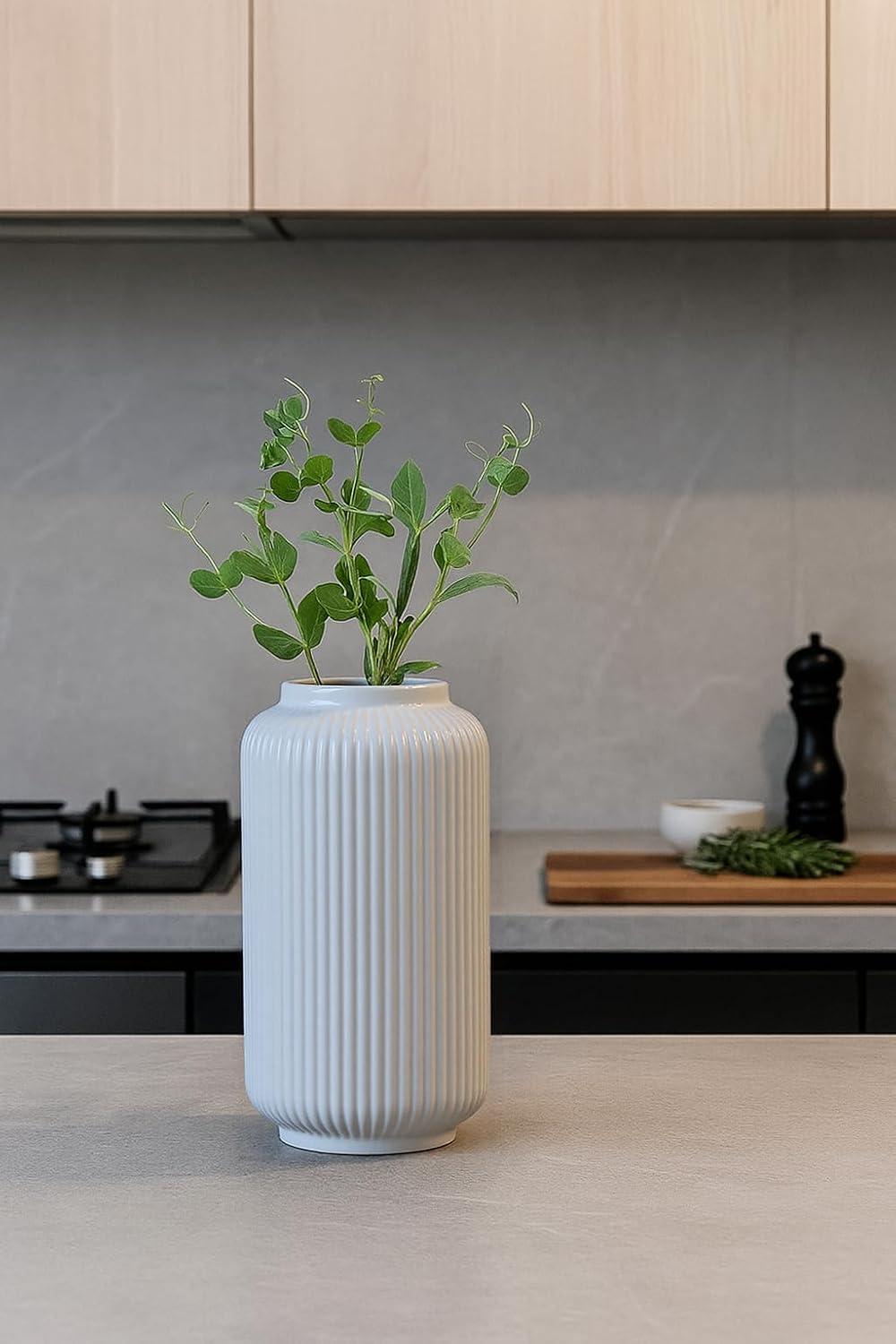 Ceramic Vase / Modern Wide Mouth Decorative Vase / White02 / White / 8 Inch