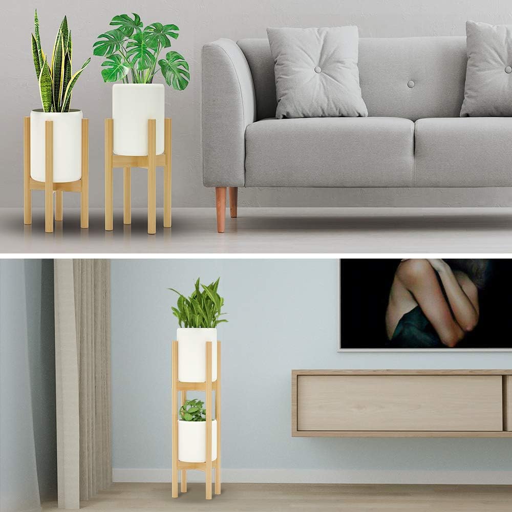 MUDEELA 2 Pack Indoor Plant Stands, 2 Tier Tall Plant Stand 30 inches, Mid Century Bamboo Plant Stand, Adjustable Width