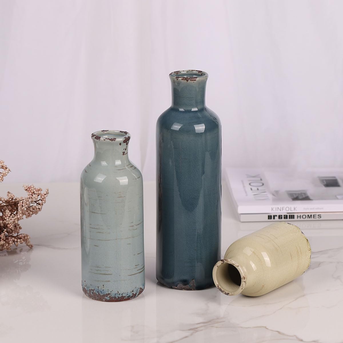 Multicolor Ceramic Vase / Blue Grey Beige / Set of 3