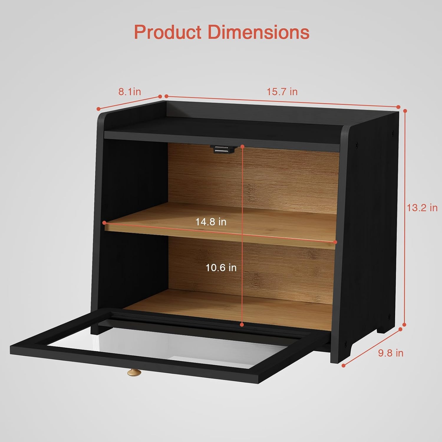 Goozii 2 Tier Bread Box for Kitchen Countertop Black, Double Layer Breadbox for Counter Top, Large Wood Vintage Bread