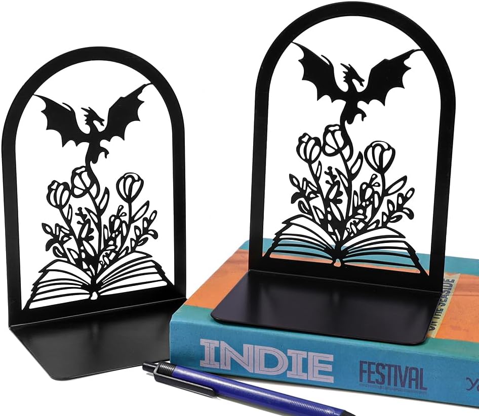1 Pair Non Skid Metal Book Divider Decorative Holder / Dragon A
