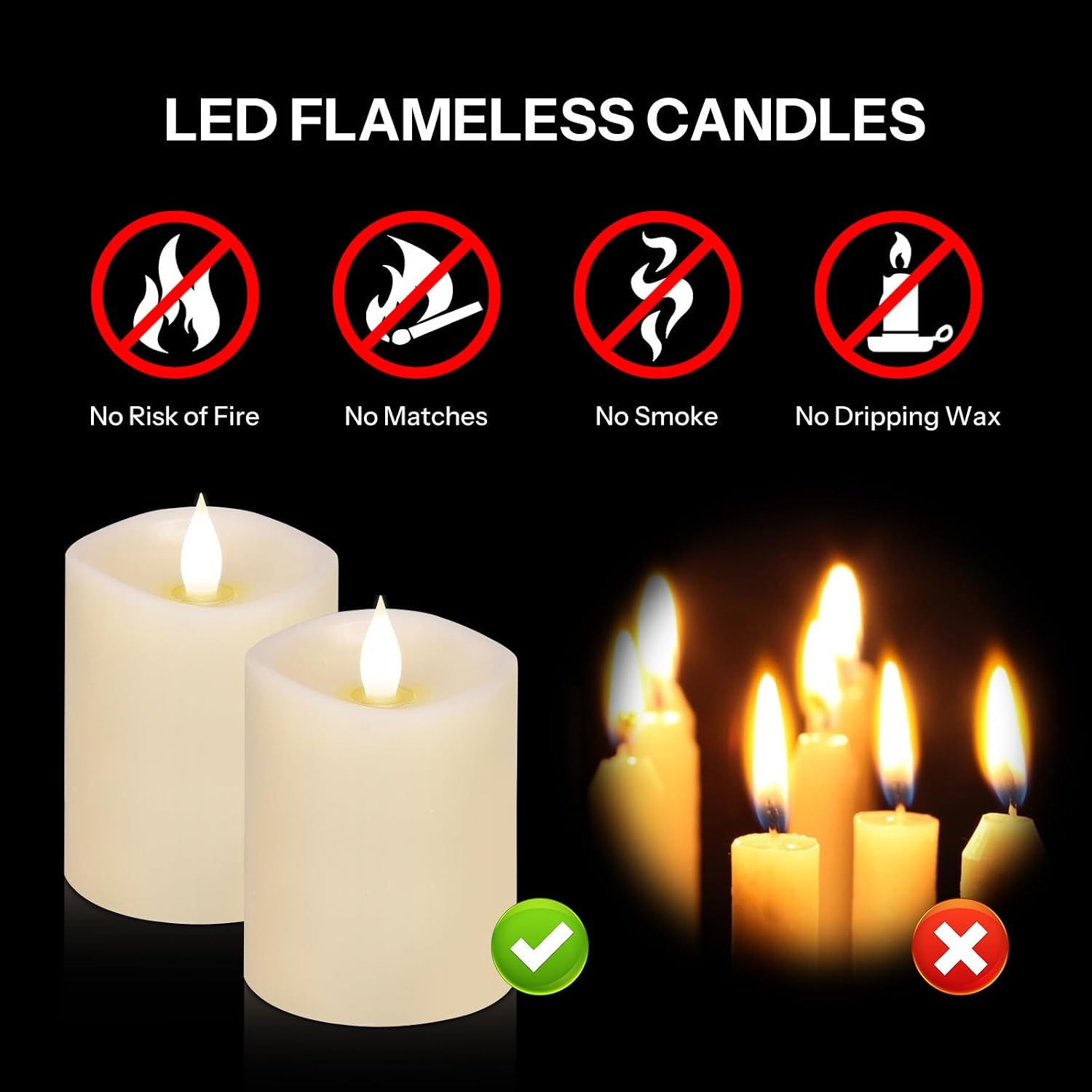 3x4 Flickering Flameless Candles Set of 2,Real Wax LED Battery Candles,with Timer,4 inch Flameless Candles with