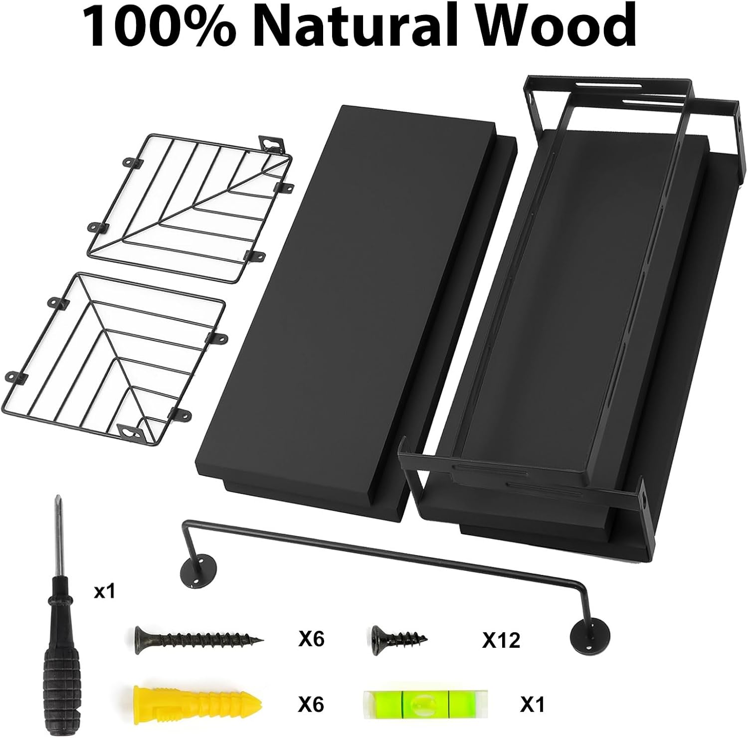 Fixwal Wall Mounted Bathroom Shelves Over Toilet (3+1 Black) | Wall Shelf with Basket Storage , Towel Bar, Solid Wood