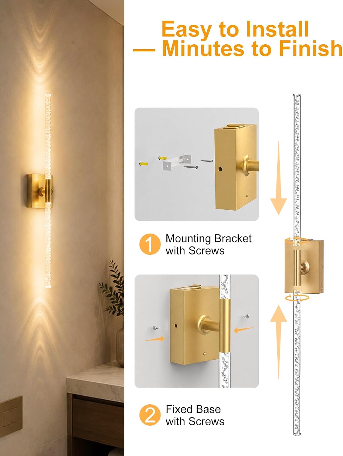 Rechargeable Wall Sconces Set of 2, Gold Crystal Bubble Wireless Wall Light | 10000mAh, Remote Control, 3000K-6000K