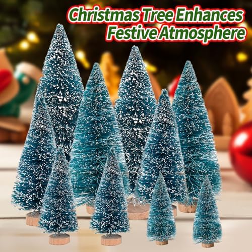 Yahpetes Christmas Trees 10 Pcs Bottle Brush Christmas Trees 5 Size Artificial Christmas Sisal Snow Frost Trees Pine Trees with Wood Base for Tabletop Christmas Party Home Indoor Decor (Blue Green)