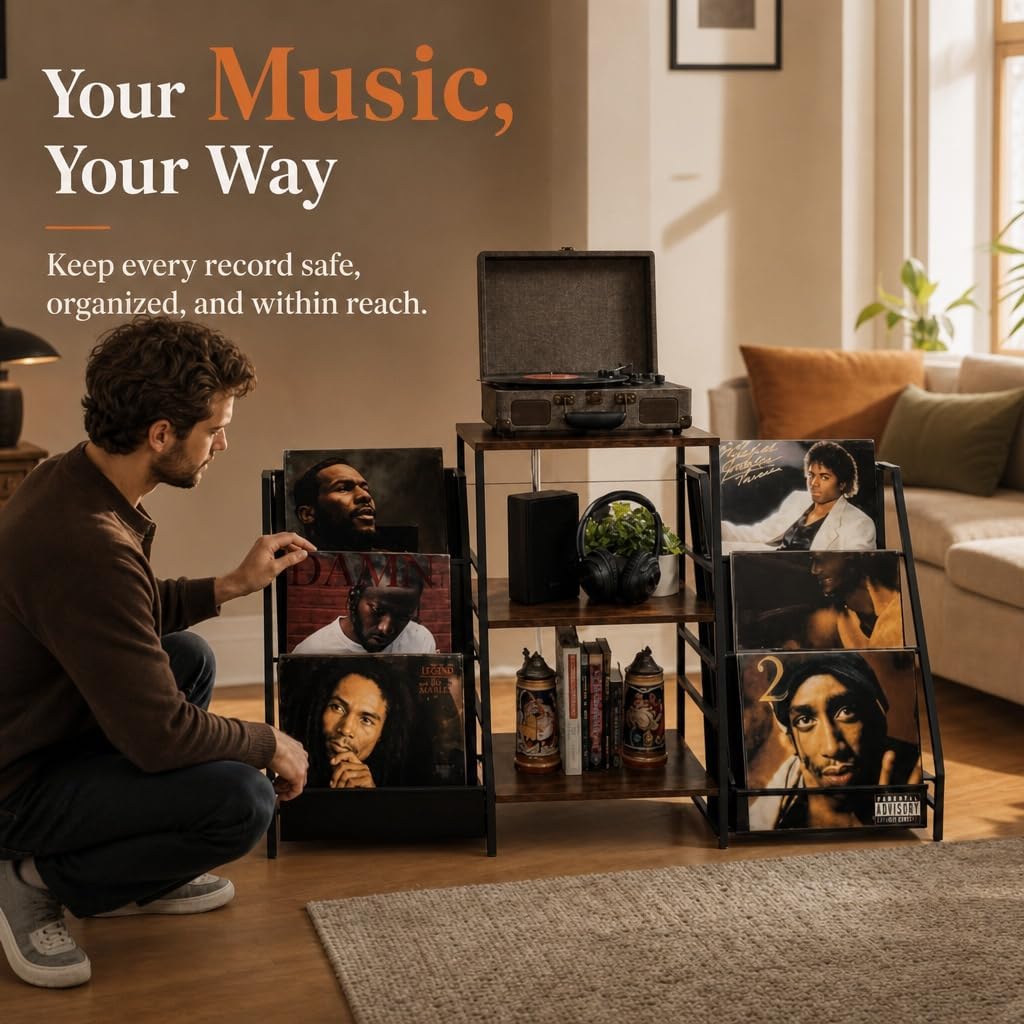 Record Player Stand with Storage, Vinyl Record Holder with Power Outlet | Holds 280 Albums, Vinyl Record Storage