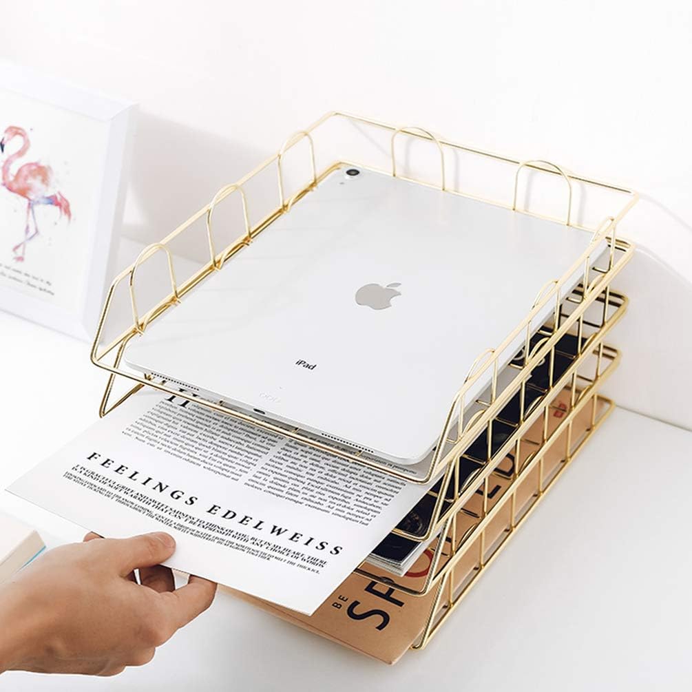 Gold 4-Tier Stackable Paper Tray Desk Organizer | Workspace Decorative Stacking Rack Supplies Holder, Metal Letter