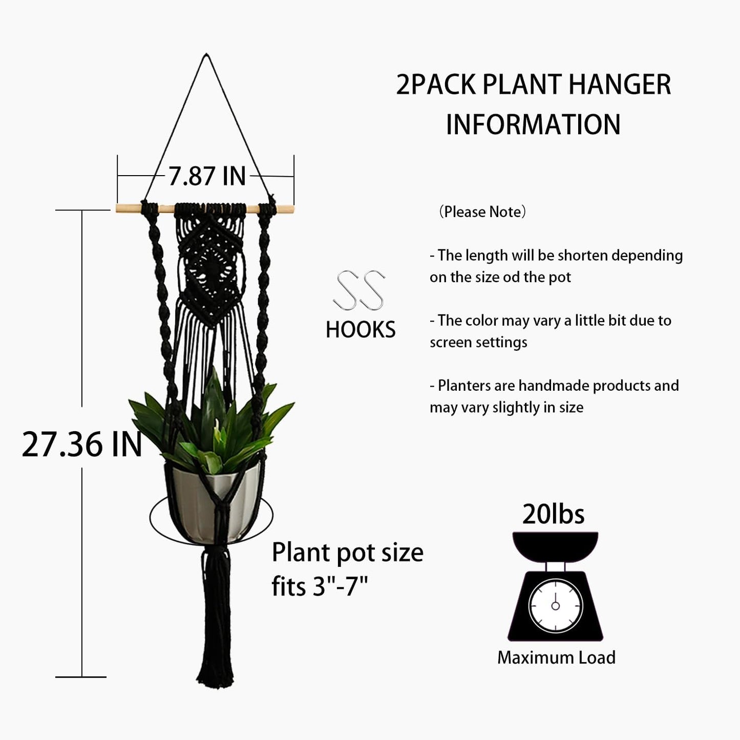 Black Plant Hanger Macrame Hanging Planter / Black Wood Hanger / Set of 2