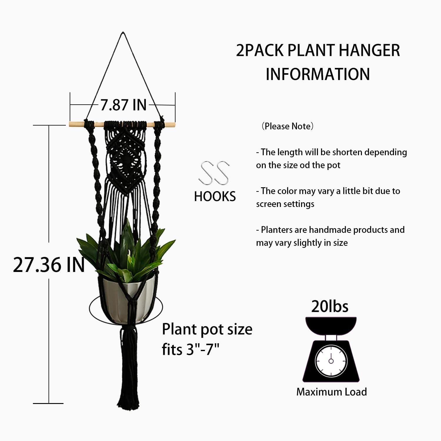 Black Plant Hanger Macrame Hanging Planter / Black Wood Hanger / Set of 2