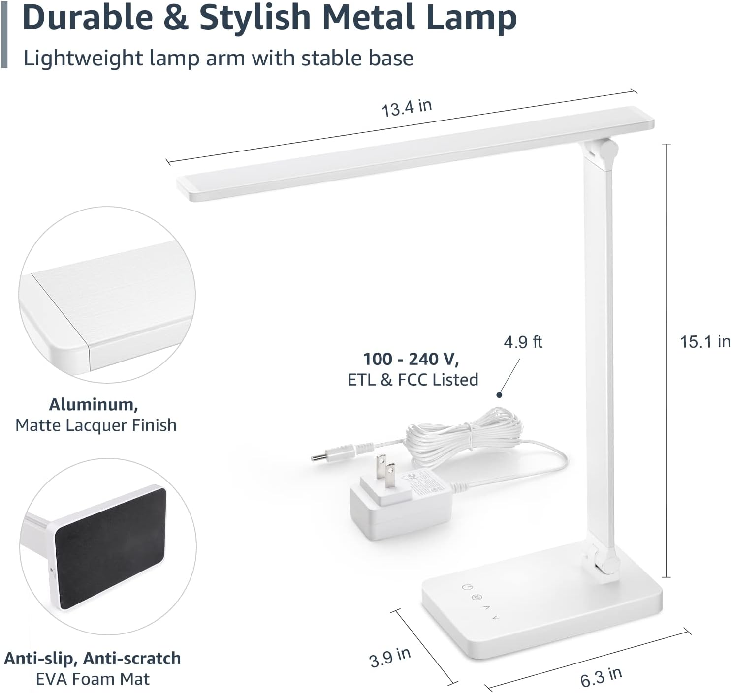 Lepro LED Desk Lamp 9.5W 800lm, Metal Desk Light for Home Office, White | 5 Colors 5 Brightness, Dimmable Task Light