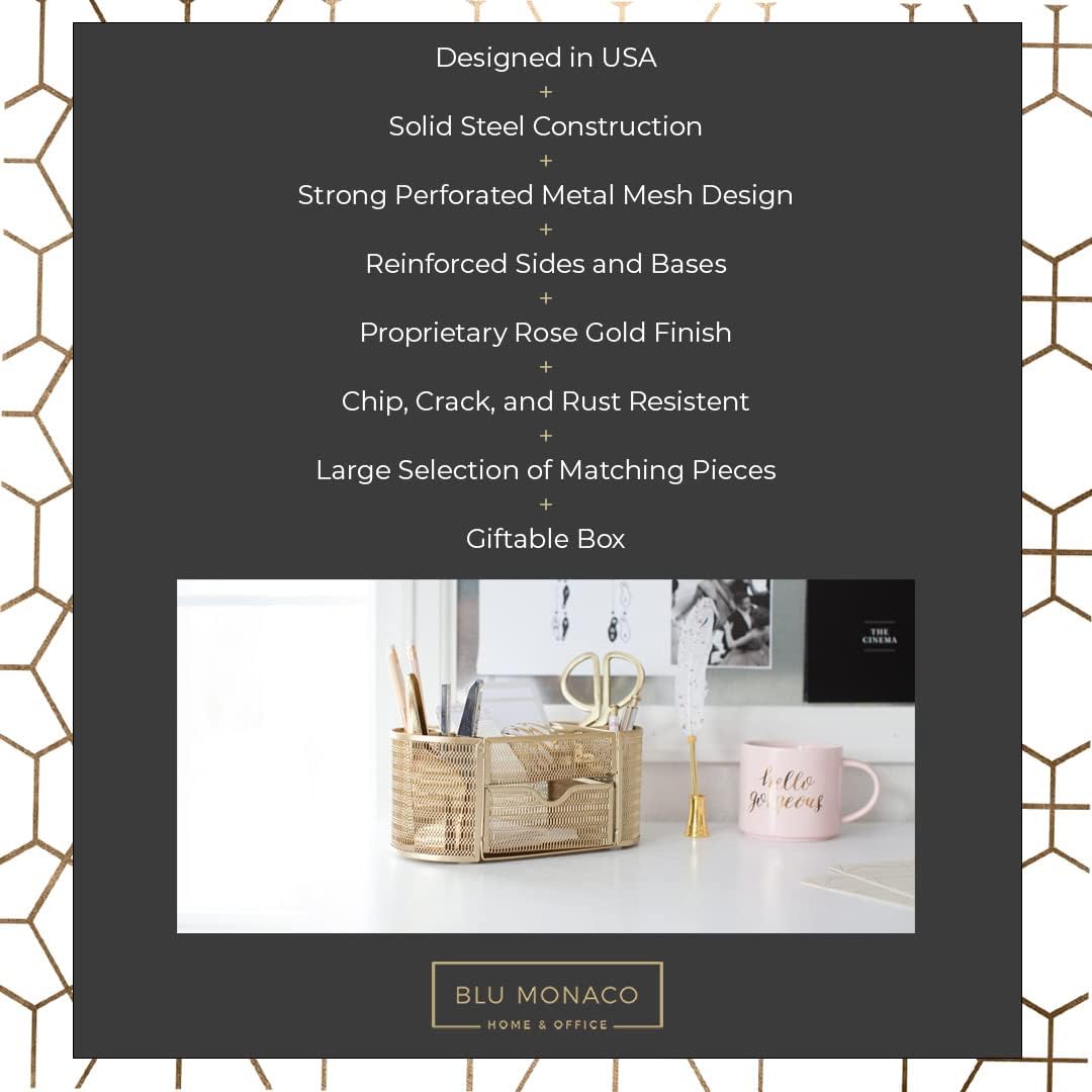 BLU MONACO | Gold Desk Organizer Set with Drawer | Metal Mesh Desk Accessories for Women | Stylish Desktop Organizer