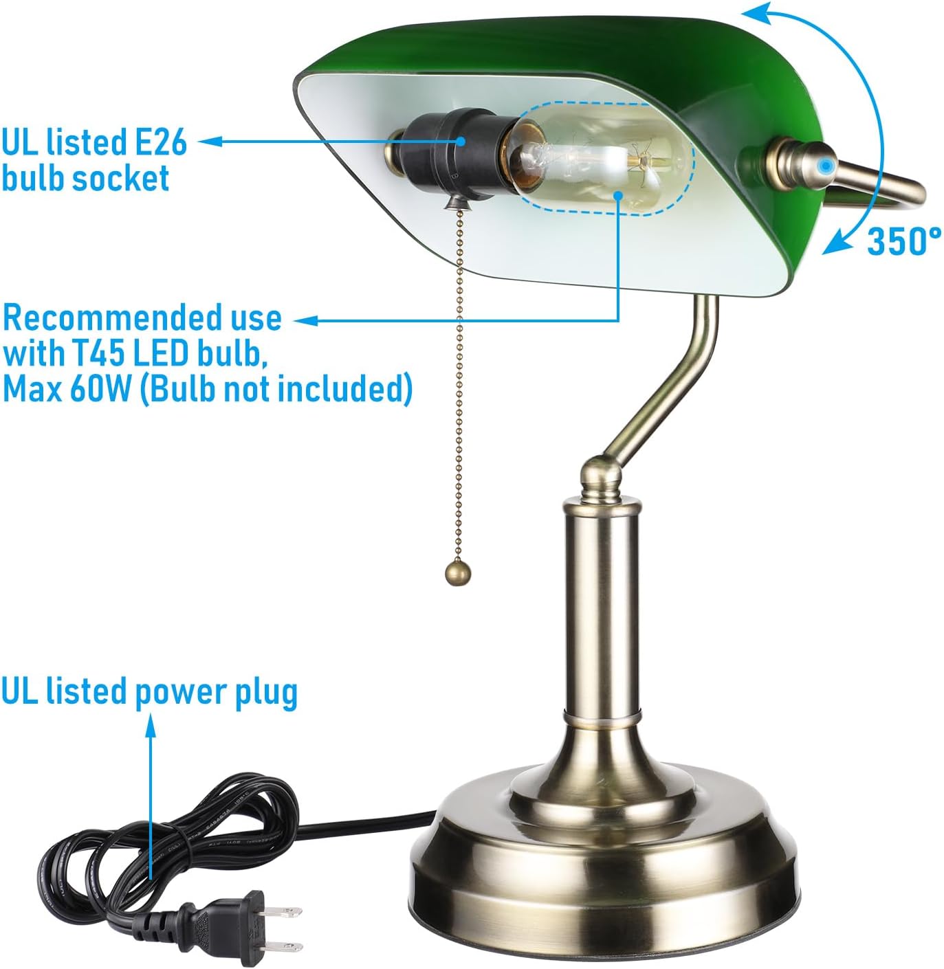 TORCHSTAR Green Glass Bankers Desk Lamp with Pull Chain, E26 Base | Brass Finish Base, Antique Traditional Library Lamp