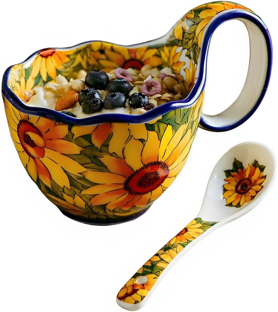 17.64 Oz Microwavable Soup Bowl / Sunflower - Handmade Loop Handle Soup Bowl with Spoon