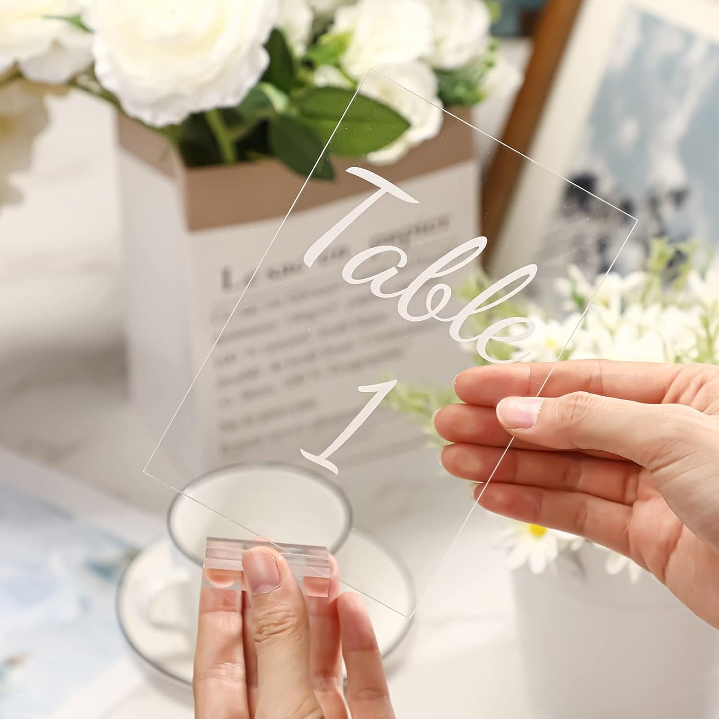40 Pack White 4 x 6 Inch Acrylic Wedding Table Number 1-40 Clear Wedding Table Stand with Numbers Calligraphy Holders