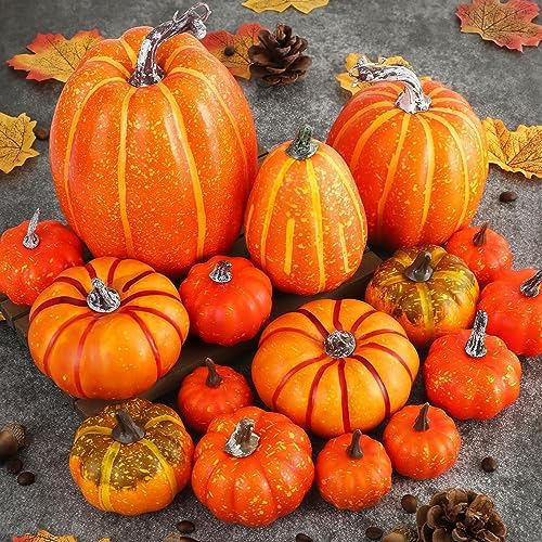 Ywlake 16 Pcs Pumpkin Fall Decorations, Decorative Large Small Outdoor Orange Foam Plastic Fake Faux Artificial Pumpkins for Halloween Autumn Harvest Festival Home Table Decor