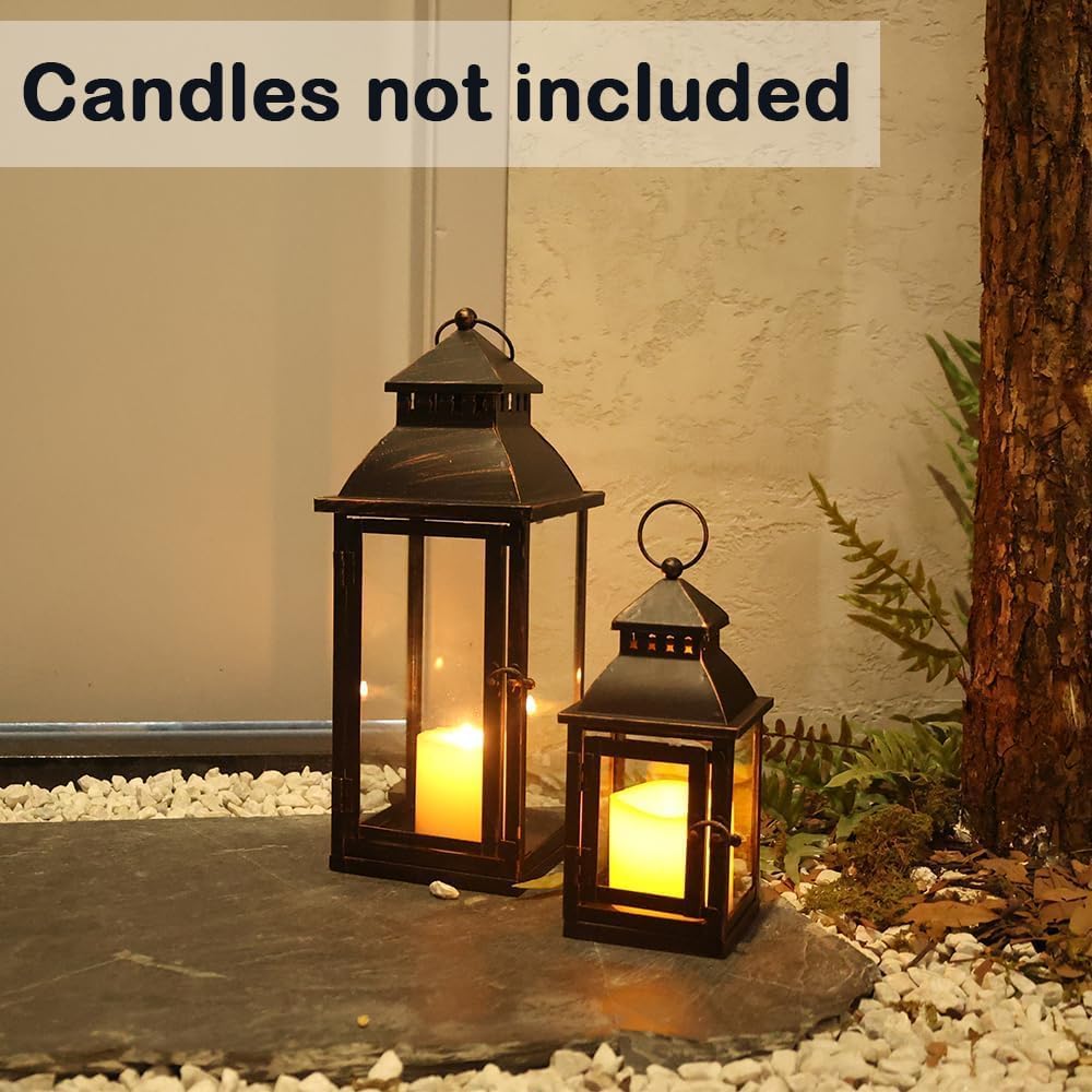 NEEDOMO Lanterns Decorative Outdoor&Indoor, Set of 2 Large Bronze Metal Lantern Decor with Glass, Candle Holder for