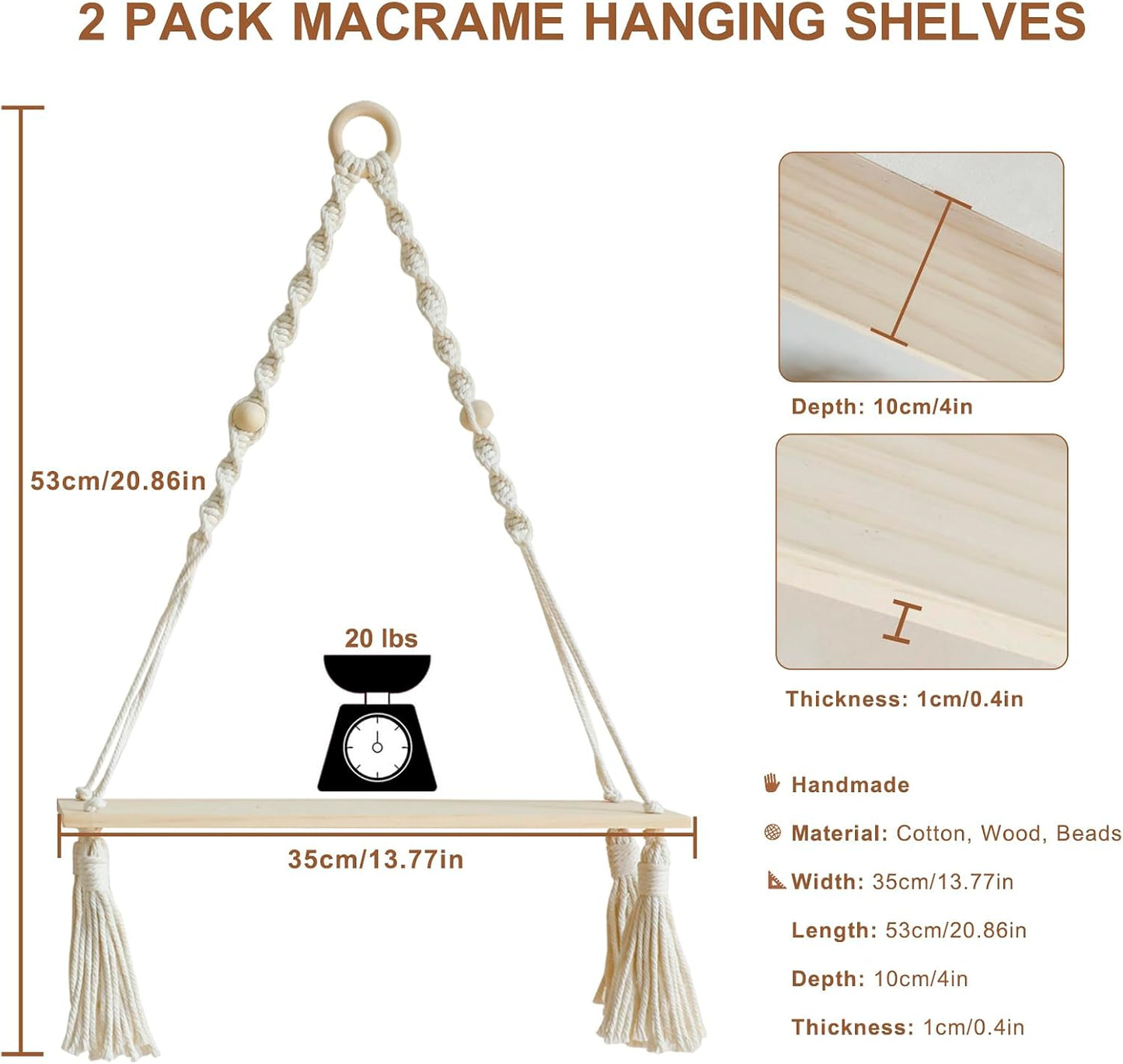 Wooden Wall Hanging Shelves / Beige Macrame / Set of 2