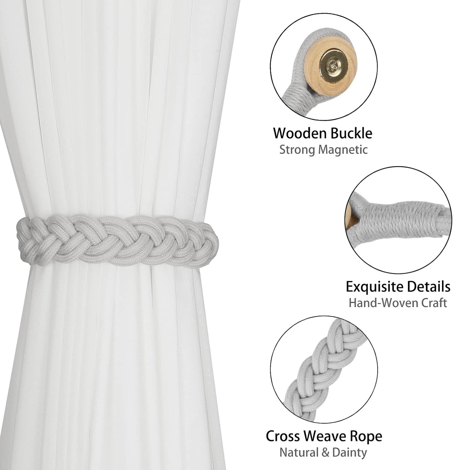 BEL AVENIR Curtain Tiebacks Magnetic 4 Pack Woven Drapery Holdback | Handmade Curtain Ties, No Drill, for Outdoor