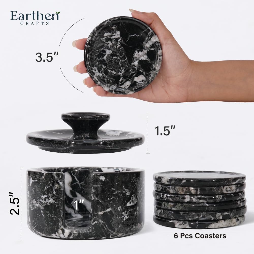 3.5" Round Black Coaster for Drinks Handmade Natural Stone Drink Coaster / Black Zebra / Set of 6