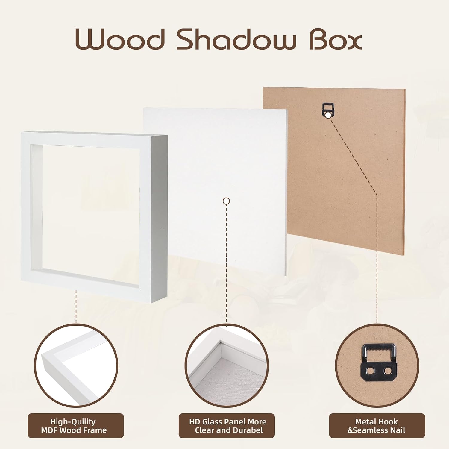 QDSSDECO 12" x 12" Shadow Box Display Case, Linen Back, 2 Pack White | Deep interior, real glass front, wall or