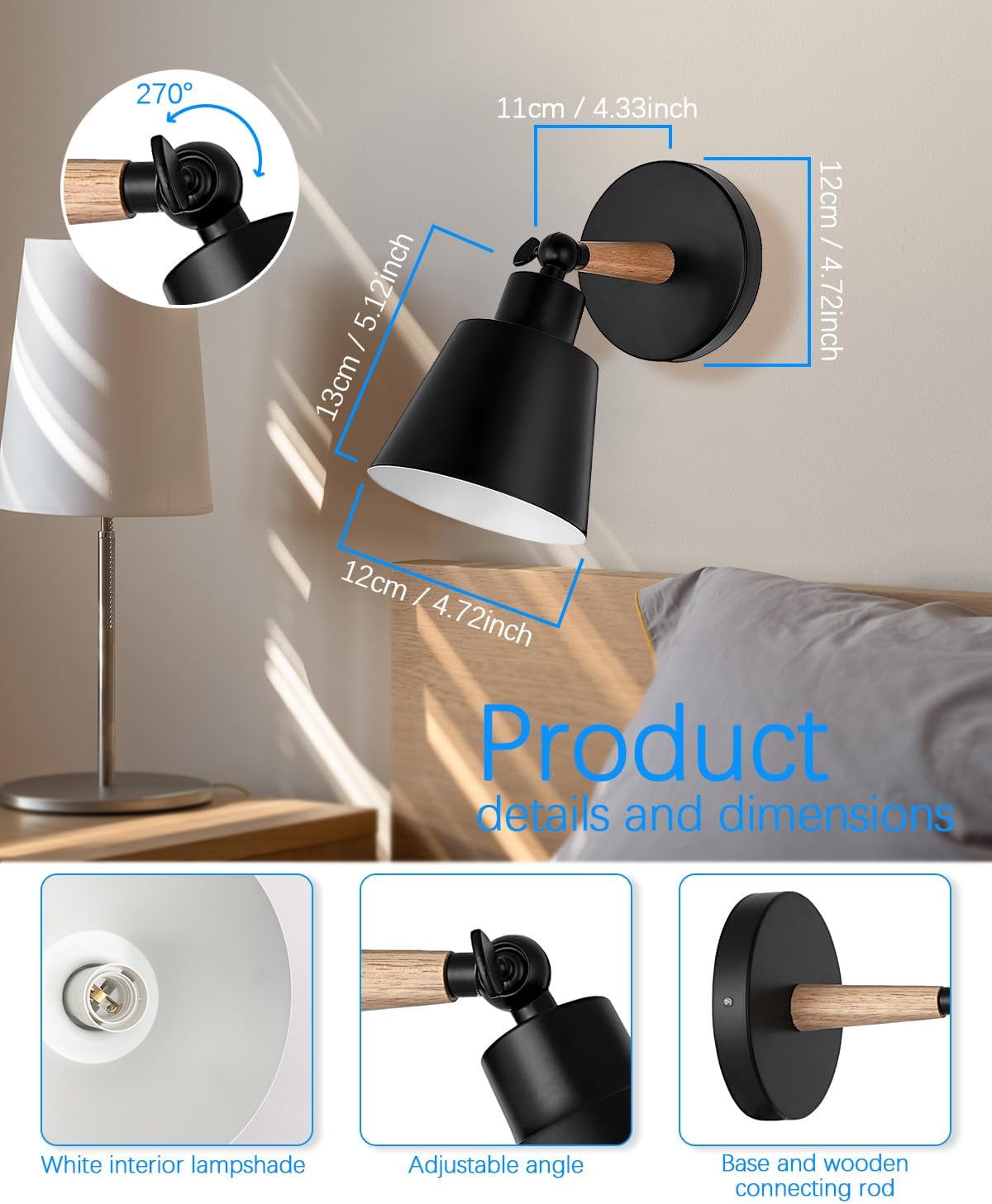 Black Battery Operated Wall Sconce Set of Two, Easy to Install Wireless Lights for Wall, Remote Control Dimmable LED