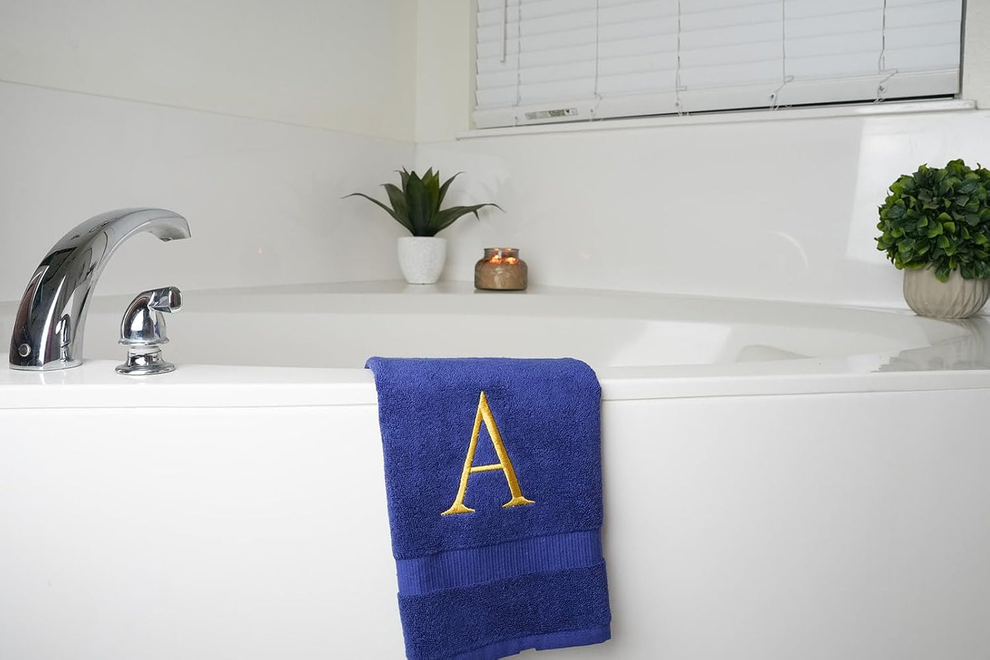 Navy with Gold Monogrammed Hand Towels for Bathroom - Set of 2 Letter A | Luxury Hotel Quality Initial Towels For
