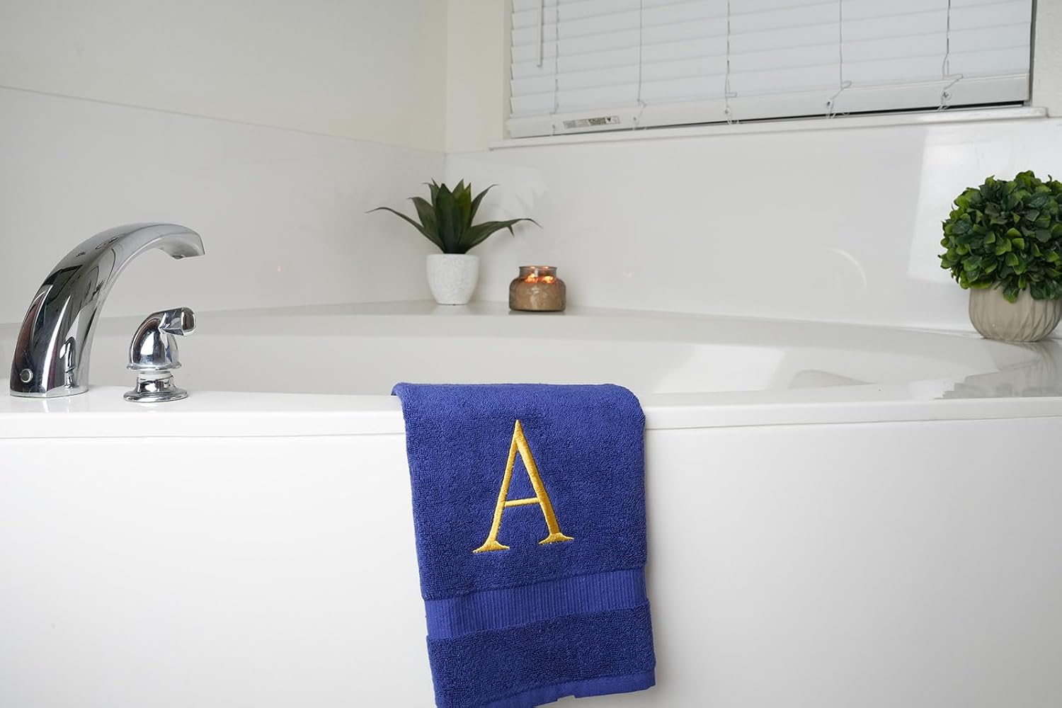 Navy with Gold Monogrammed Hand Towels for Bathroom - Set of 2 Letter A | Luxury Hotel Quality Initial Towels For